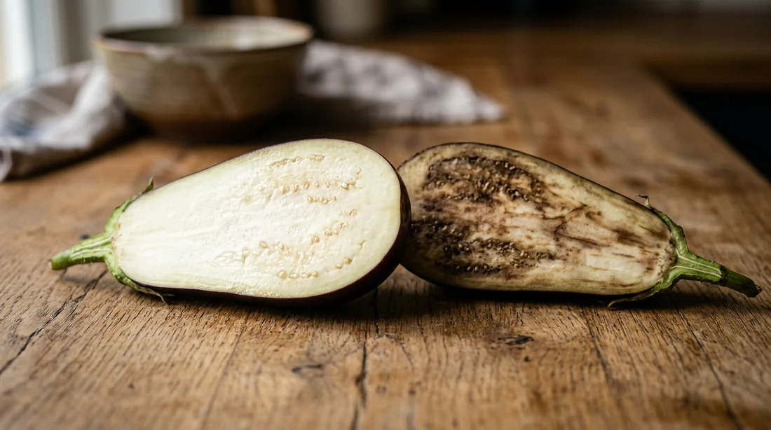 Une aubergine coupée en tranches sur une planche en bois dans une cuisine.