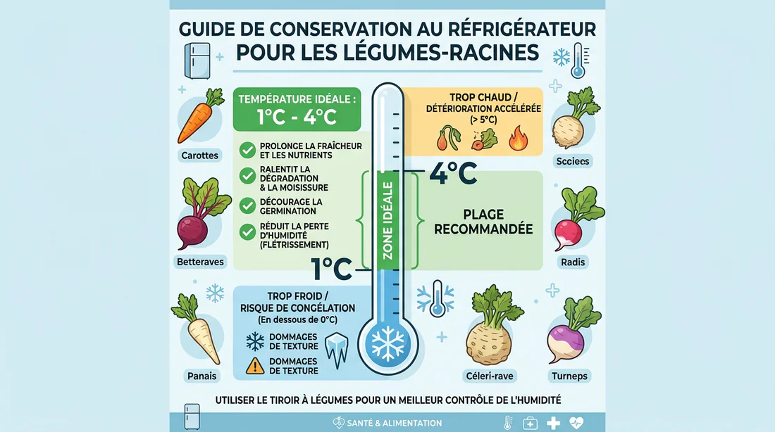 Infographie sur les températures idéales de conservation des légumes racines au frigo