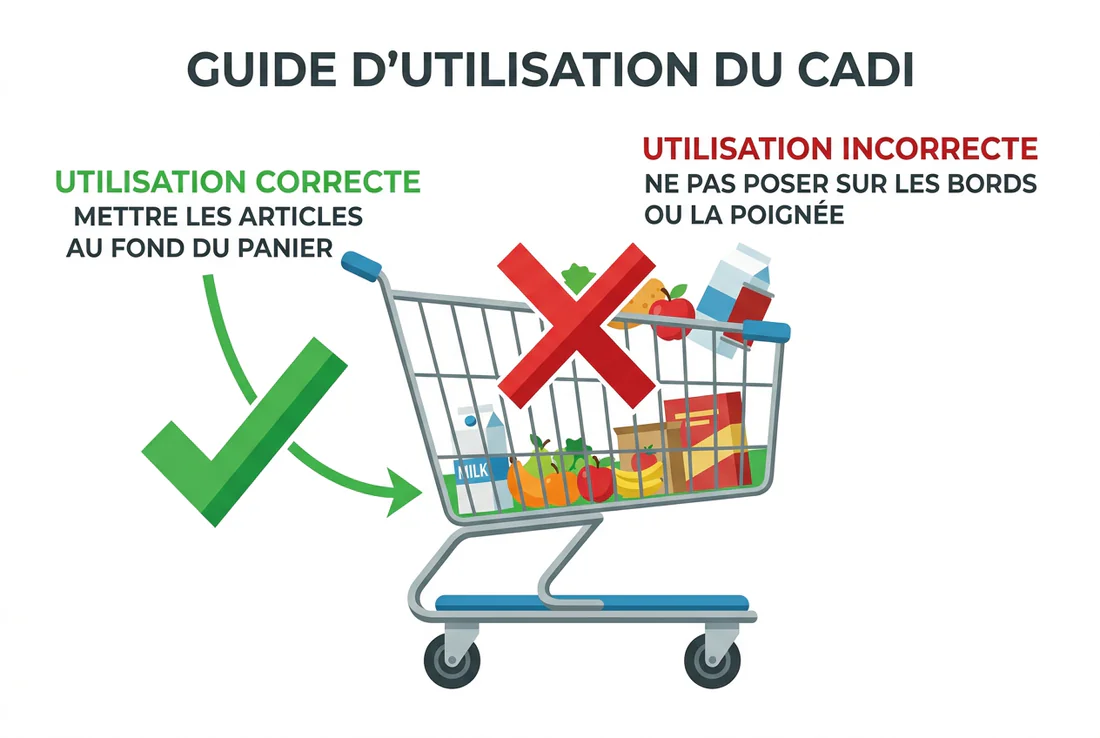 Siège auto pour bébé posé à plat au fond du chariot de courses