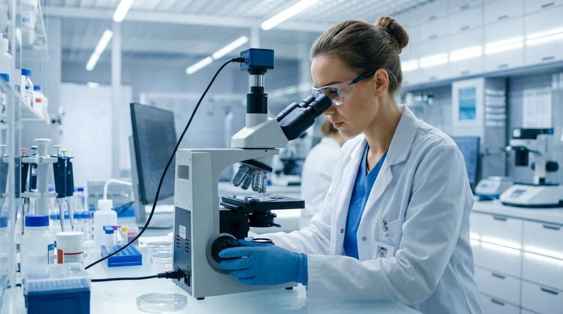 Technicien de laboratoire utilisant un microscope de pointe