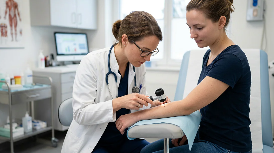Dermatologue utilisant un dermatoscope pour un examen de la peau