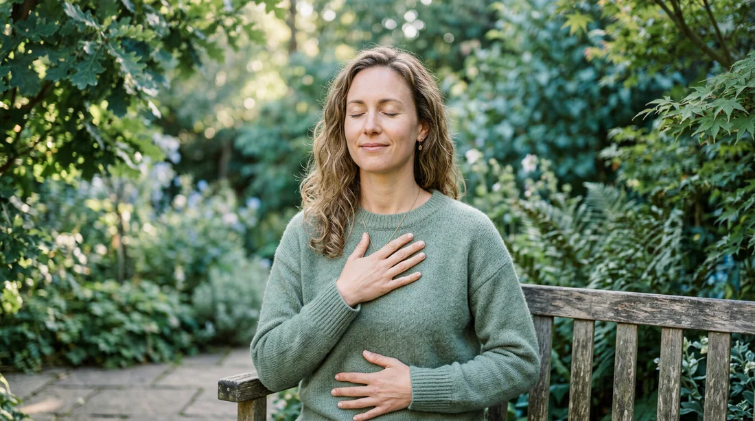 Une personne sereine pratiquant des exercices de cohérence cardiaque pour réduire le stress.