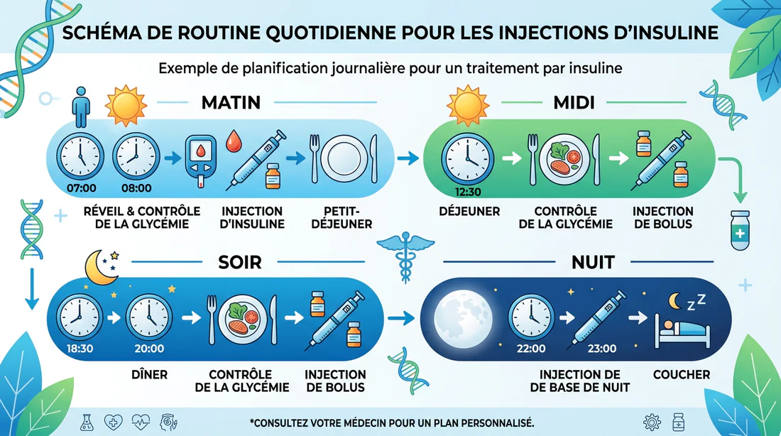 Schéma explicatif de la routine quotidienne d'injection d'insuline