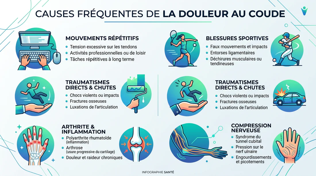 Infographie des causes fréquentes de douleurs au coude