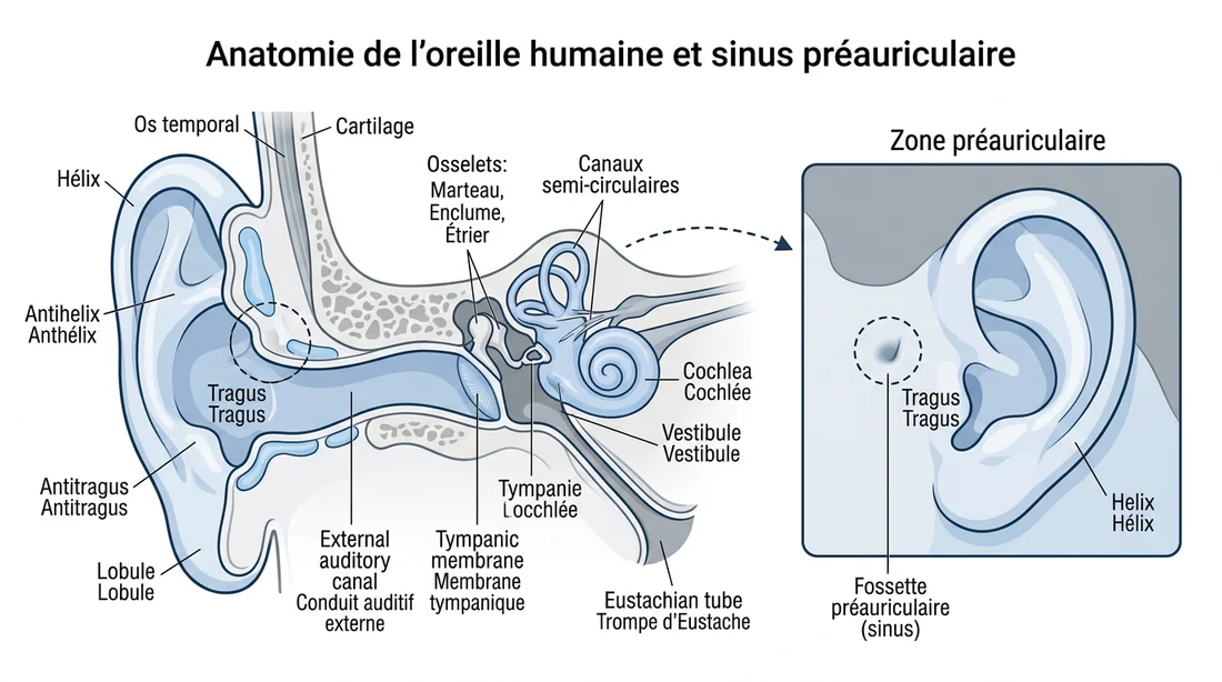 Schéma anatomique expliquant la localisation de la fossette préauriculaire