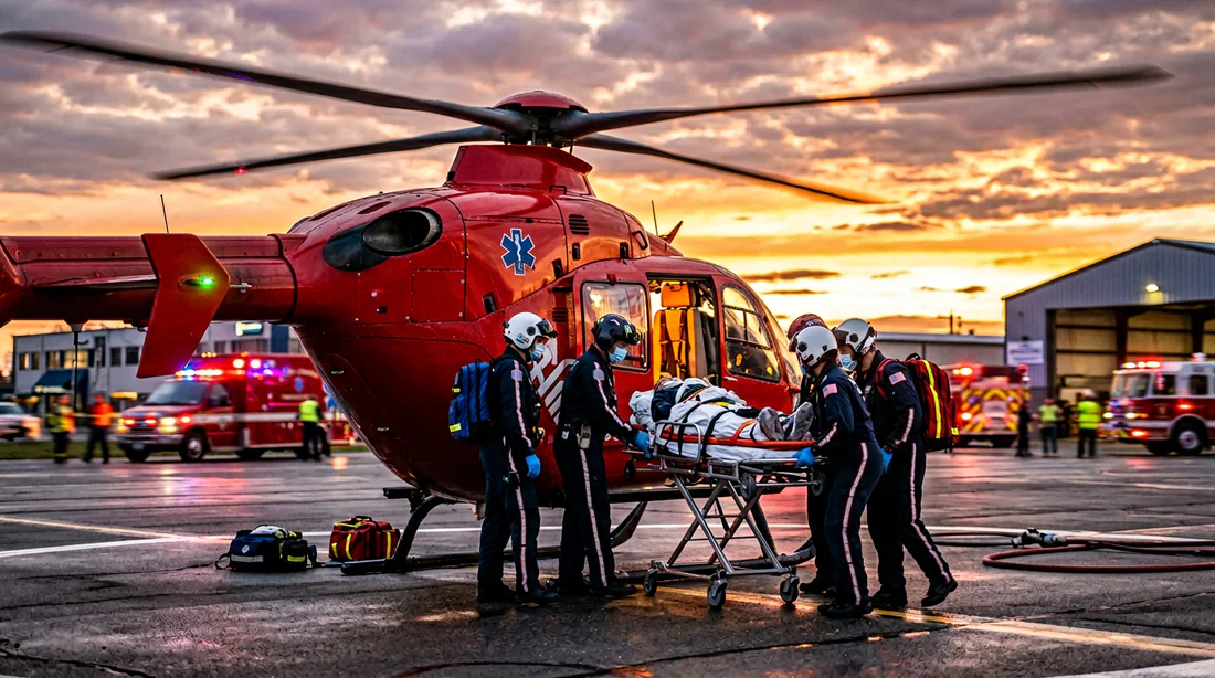 Équipe médicale du SAMU chargeant un brancard dans un hélicoptère