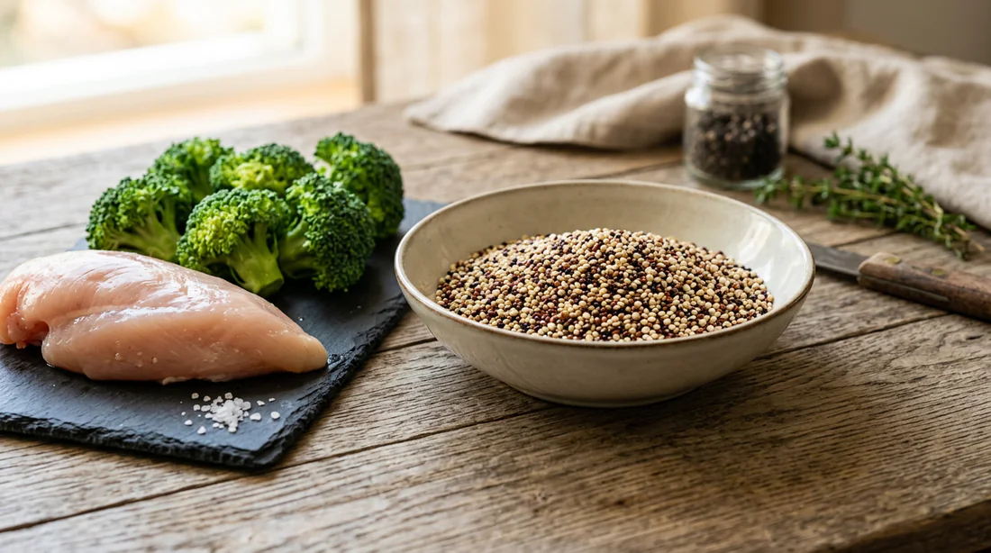 Ingrédients sains pour meal prep, poulet, brocolis et quinoa