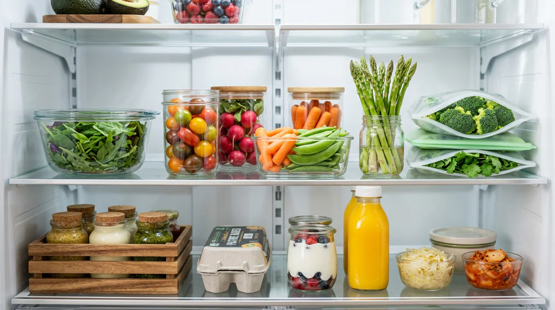 Réfrigérateur bien organisé avec des aliments frais