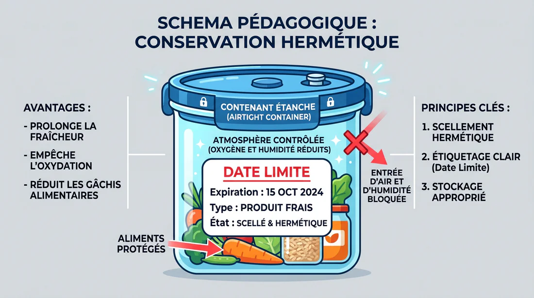 Schéma montrant le stockage optimal de la poudre d'amande dans un bocal hermétique