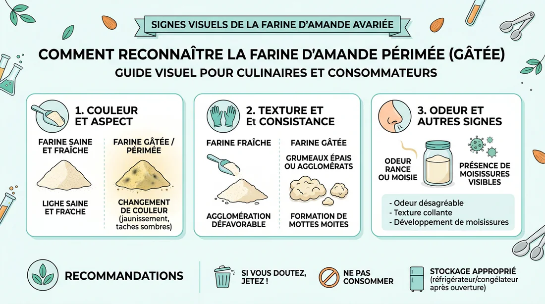 Infographie des signes visuels de détérioration de la poudre d'amande