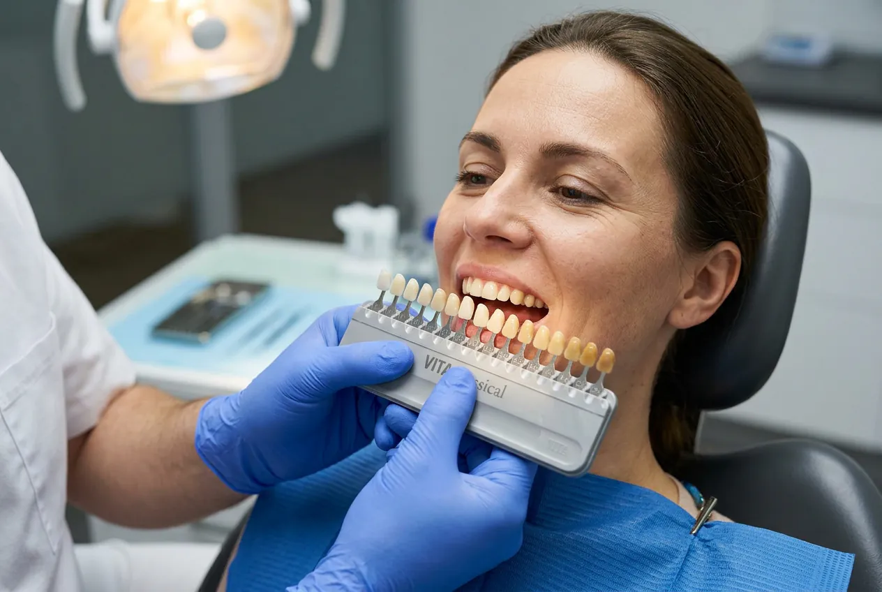 Dentiste utilisant un teintier professionnel pour harmoniser la couleur d'une prothèse dentaire.