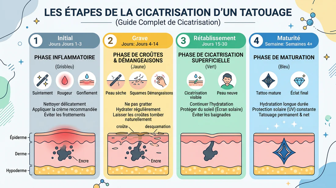 Infographie illustrant les étapes de cicatrisation d'un tatouage
