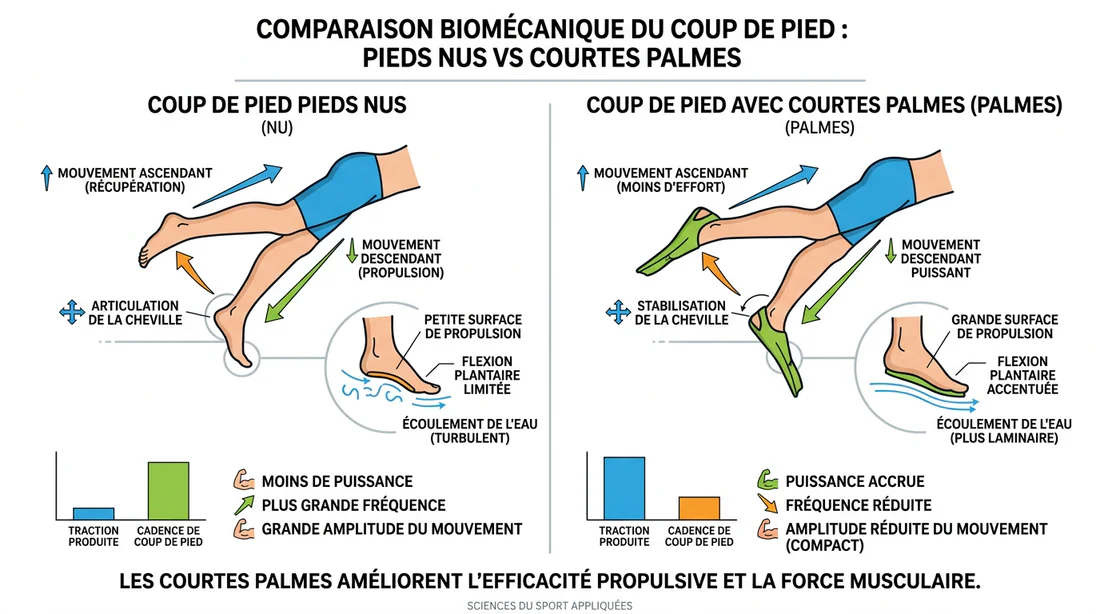Schéma explicatif des bénéfices biomécaniques des palmes courtes