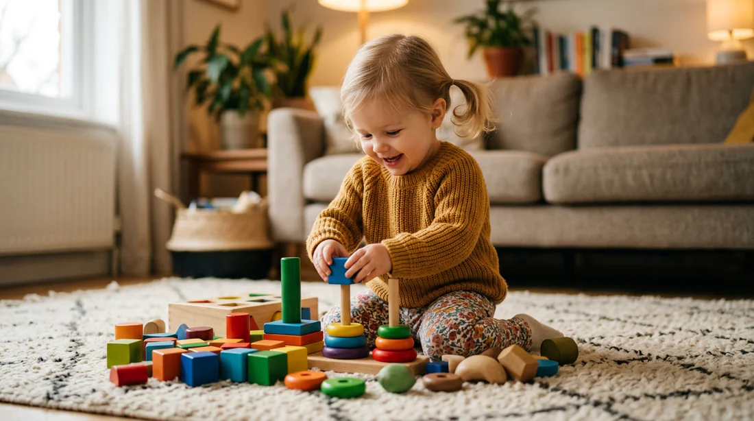 Enfant qui joue avec des jouets éducatifs en bois
