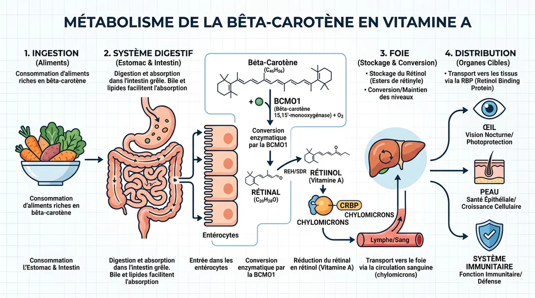 Schéma explicatif de la transformation du bêta-carotène