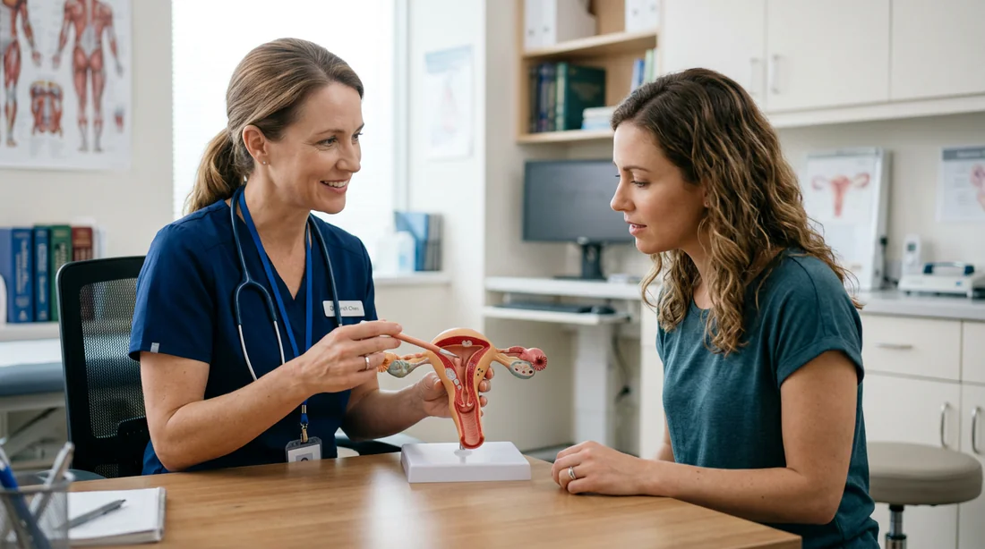 Médecin utilisant un modèle anatomique pour expliquer la pose d'un stérilet
