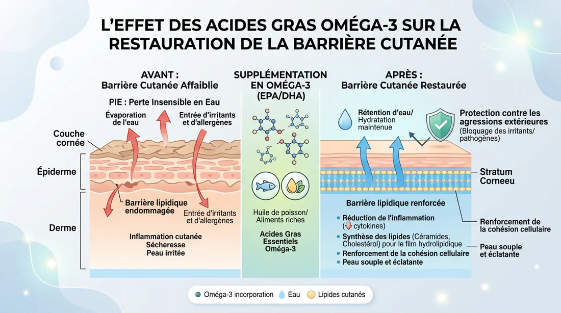 Schéma explicatif des effets des oméga-3 sur la barrière cutanée