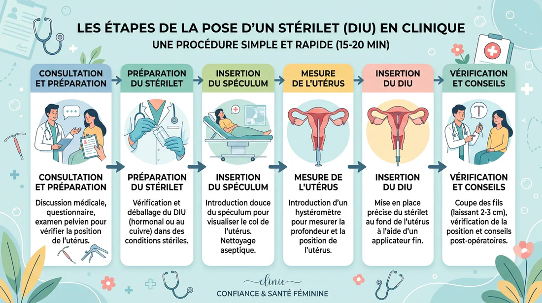 Infographie des étapes de pose d'un stérilet