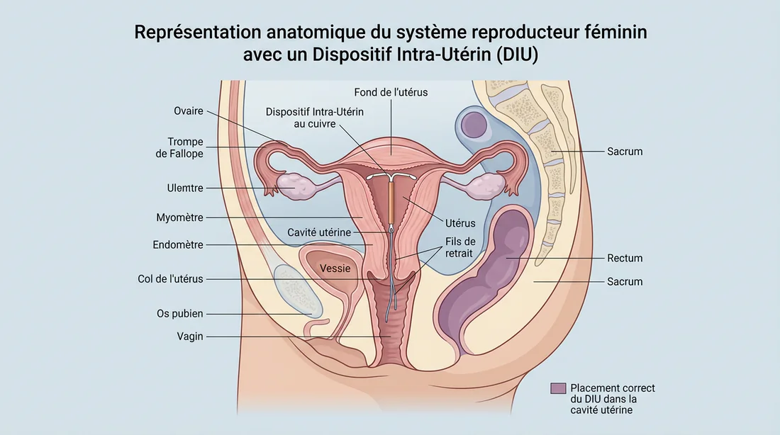 Schéma anatomique montrant le placement d'un stérilet