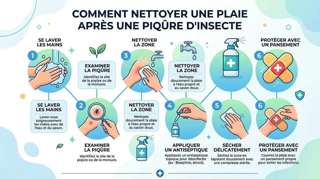 Infographie des étapes de soin d'une piqûre d'insecte