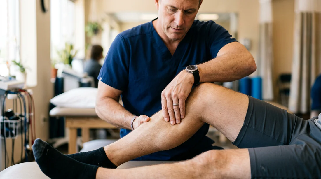 Examen médical d'un mollet par un kinésithérapeute