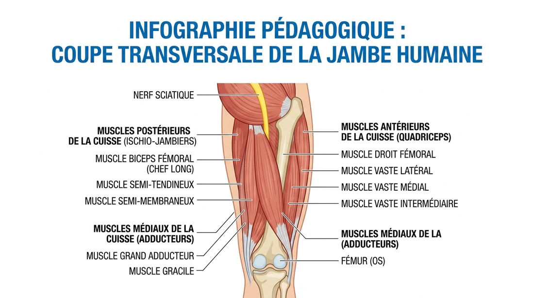 Infographie anatomique montrant le trajet du nerf sciatique dans la jambe