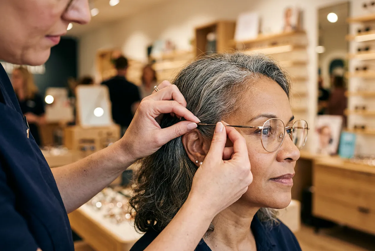 Un opticien ajuste précisément la monture de lunettes à prisme sur le visage d'un patient pour un confort optimal.