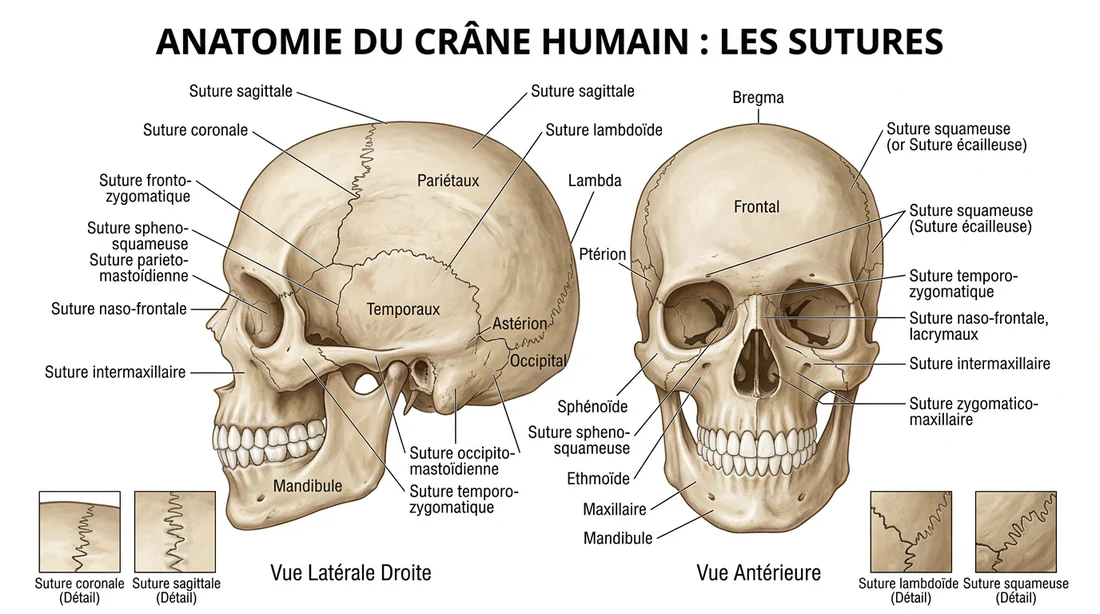 Schéma anatomique détaillé des sutures du crâne humain.