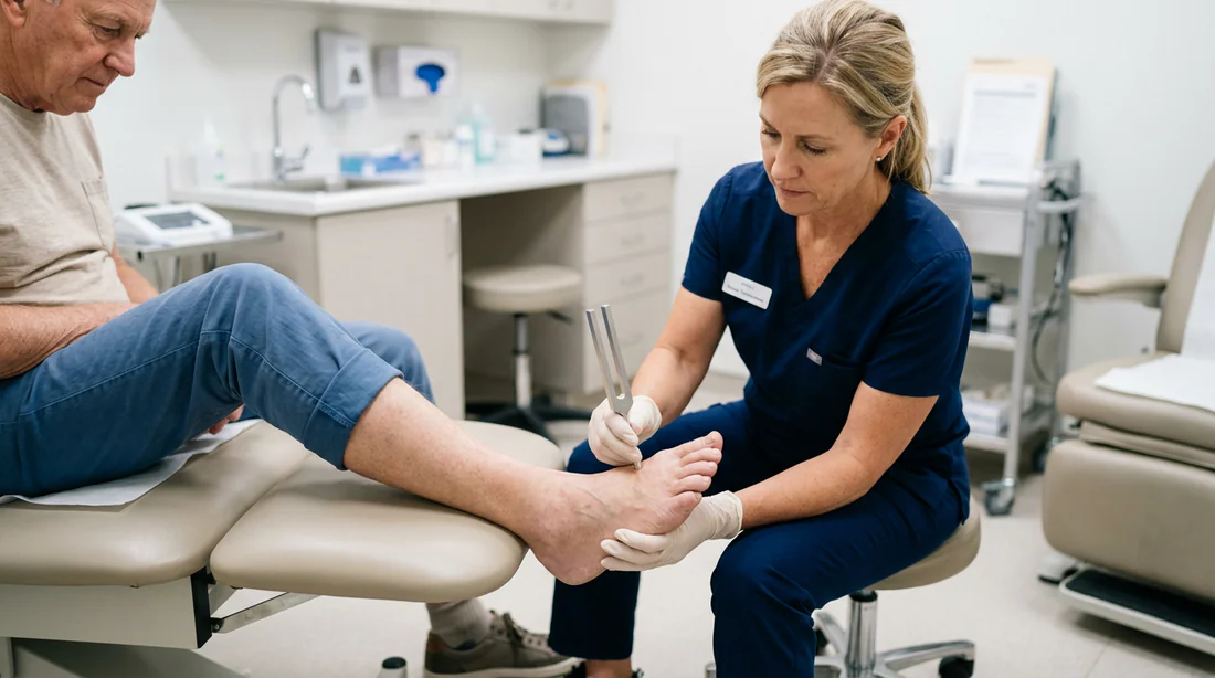 Podologue testant la sensibilité vibratoire d'un patient