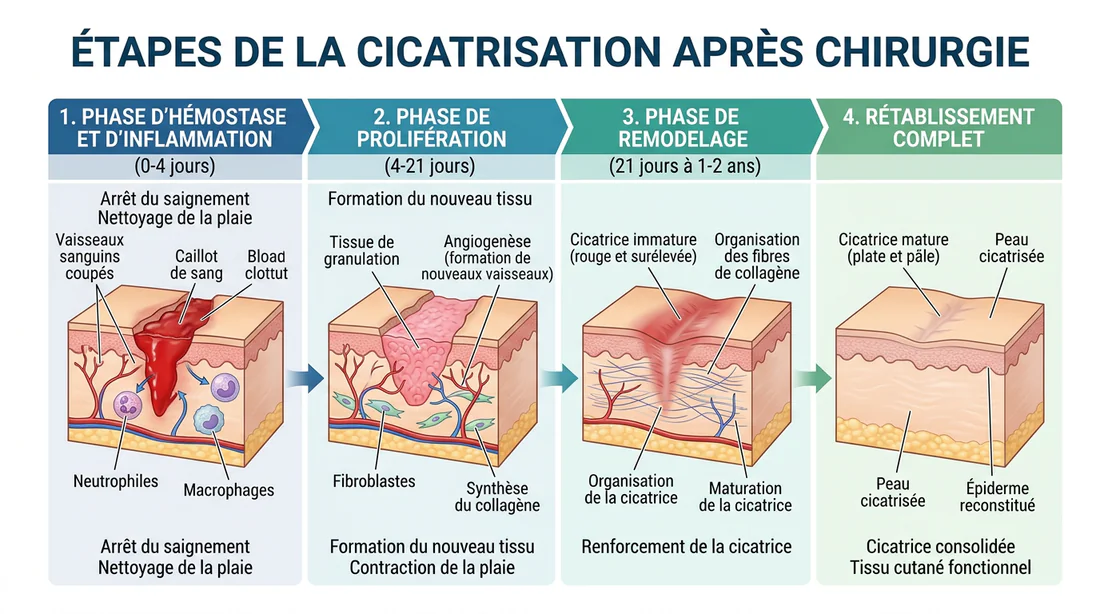 Schéma explicatif des étapes de cicatrisation