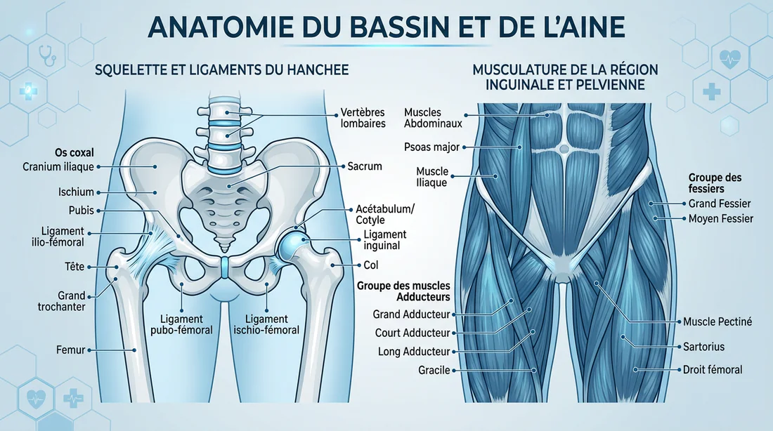 Infographie anatomique de la zone inguinale