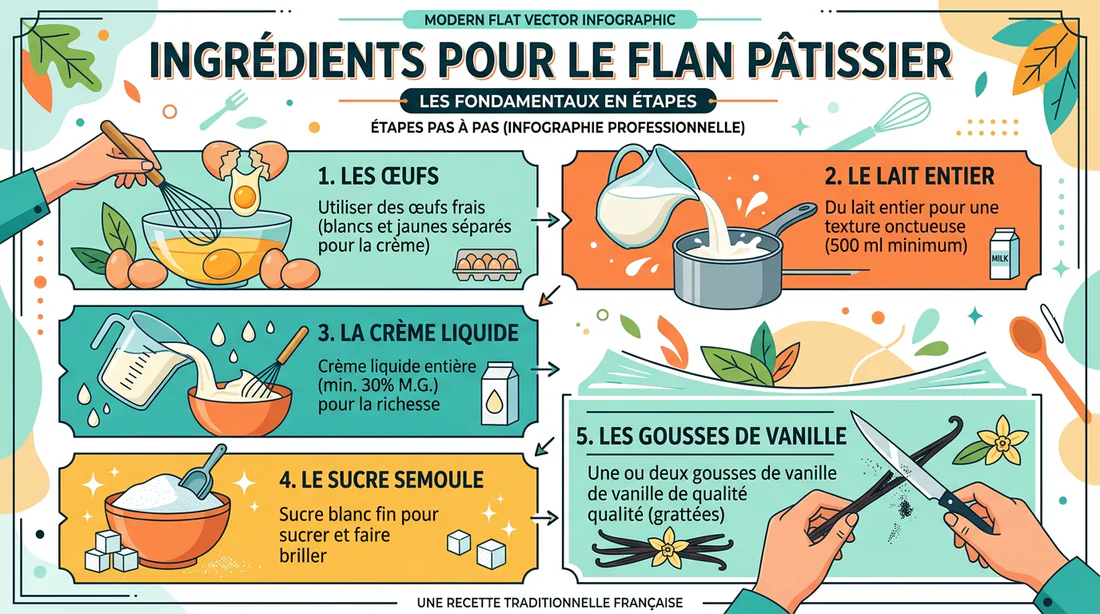 Infographie des ingrédients nécessaires pour réaliser un flan pâtissier