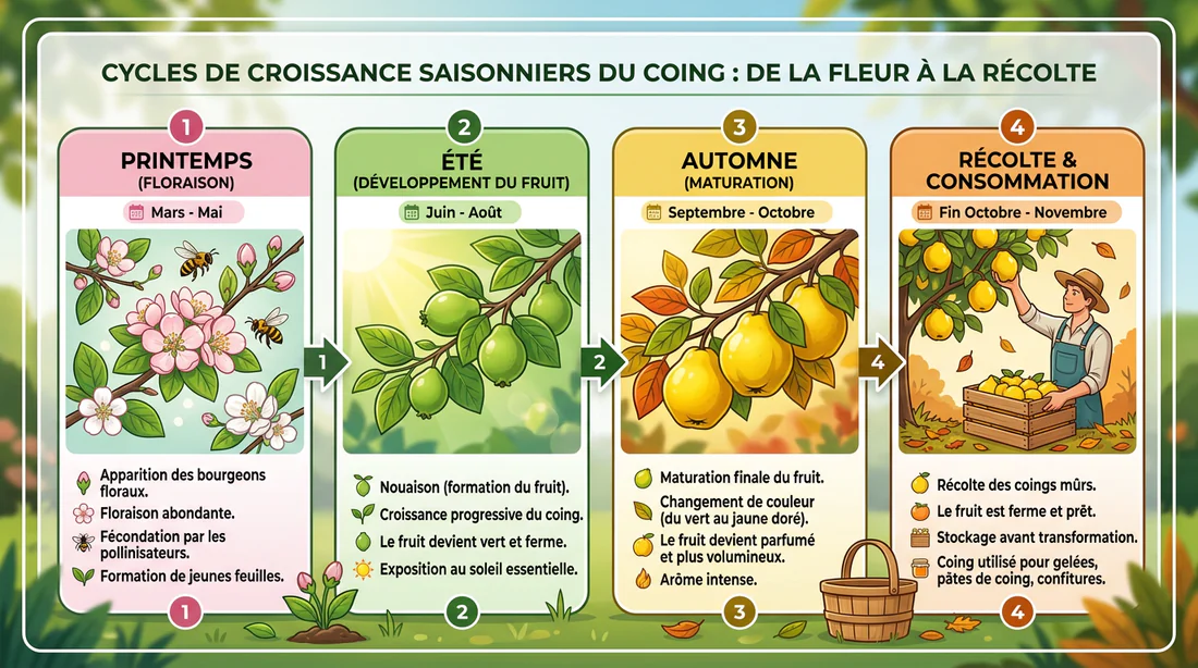 Infographie des étapes de croissance du coing au fil des saisons