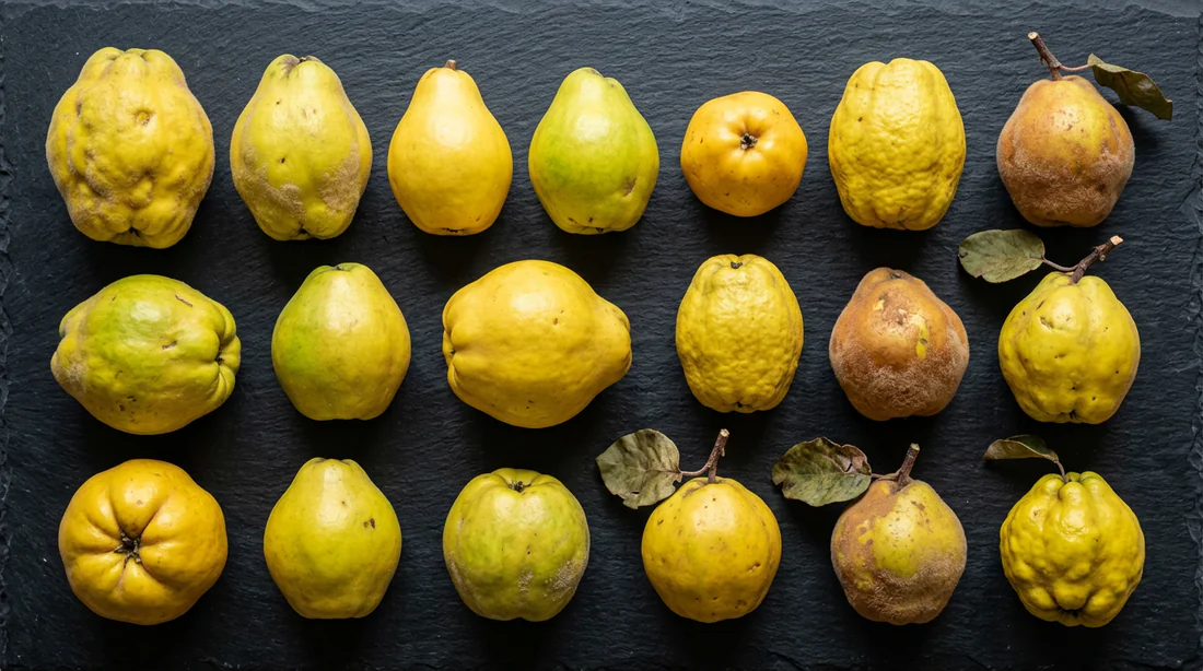Différentes variétés de coings disposées sur une table