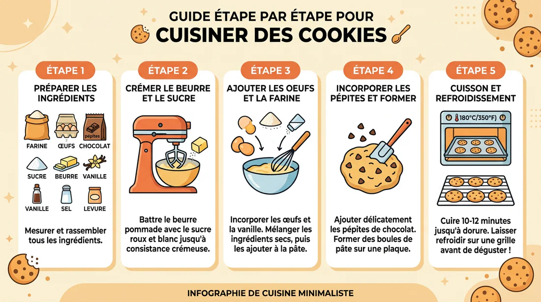Infographie illustrant les étapes de préparation des cookies