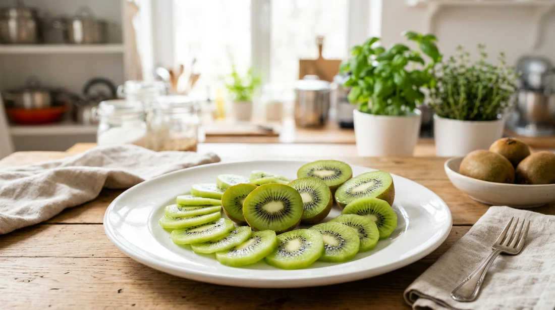 Tranches de kiwis frais disposées sur une assiette