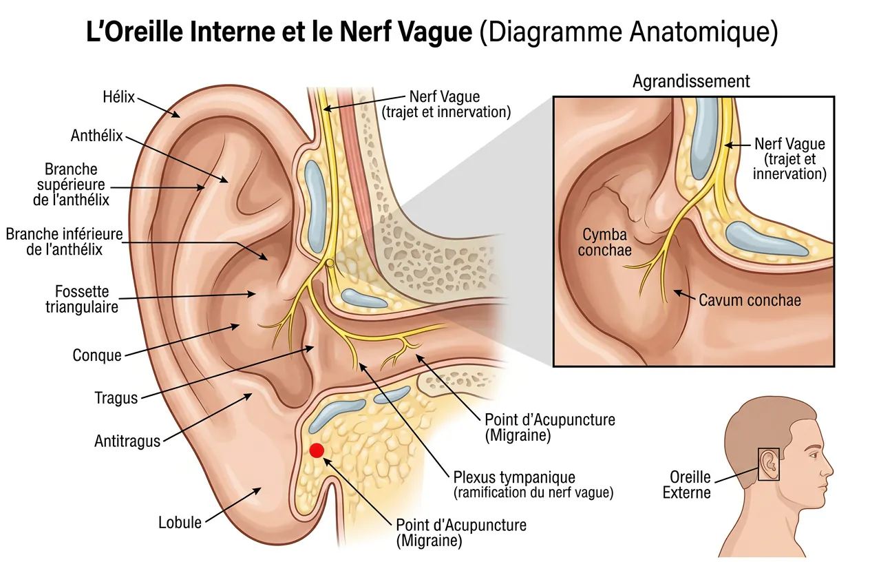 Schéma anatomique de l'oreille indiquant la zone du nerf vague ciblée par le piercing daith pour son effet supposé sur la migraine.