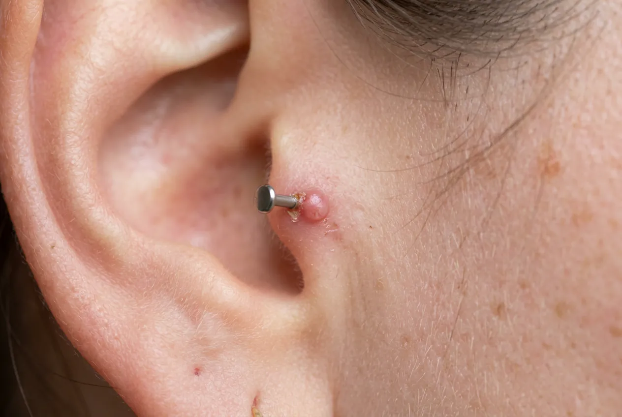 Photographie d'une excroissance ou boursouflure de cicatrisation sur un piercing au cartilage de l'oreille.