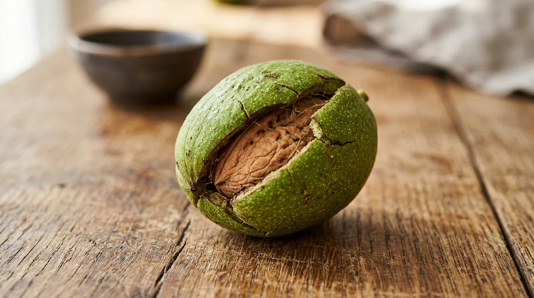 Noix fraîche encore dans sa coque verte sur une table en bois