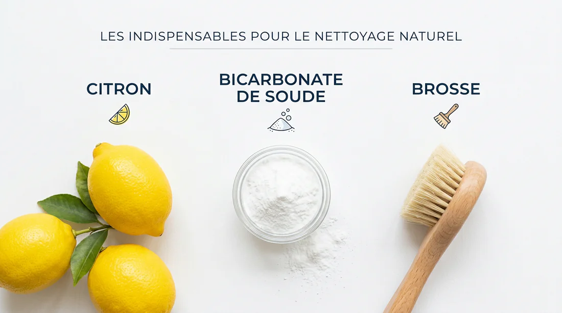 Infographie des ingrédients naturels pour nettoyer le brou de noix