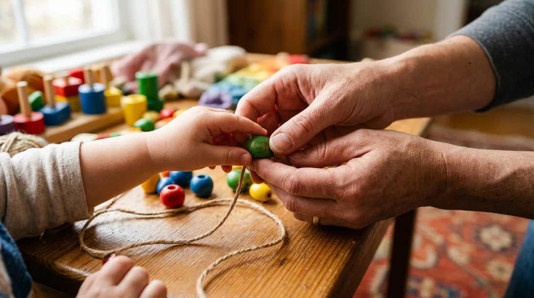 Parent guidant la main de son enfant avec bienveillance.