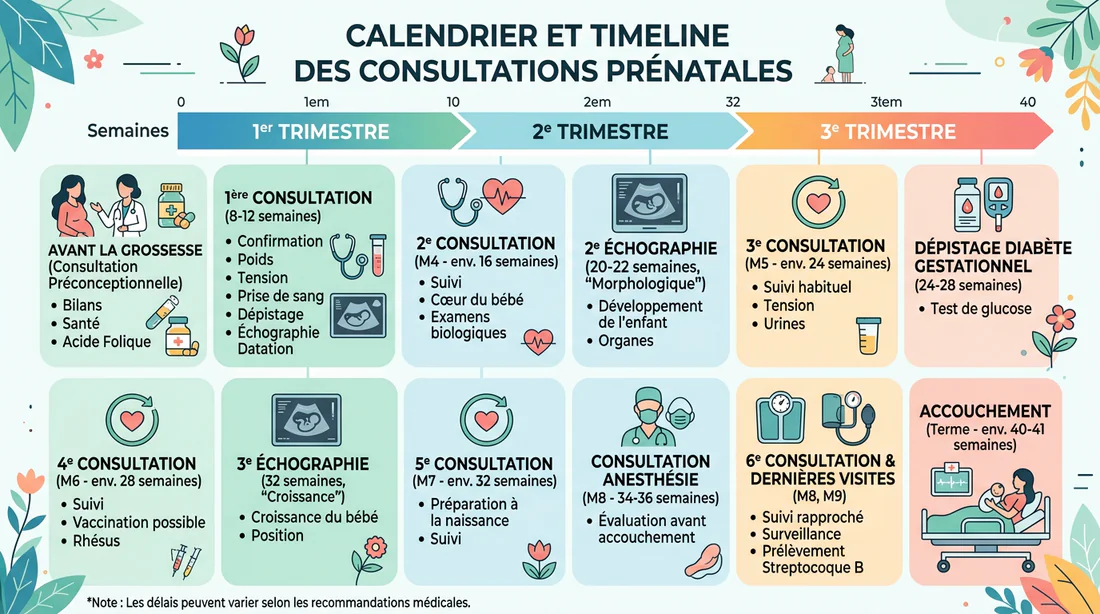 Infographie du calendrier des consultations et examens prénataux de la grossesse