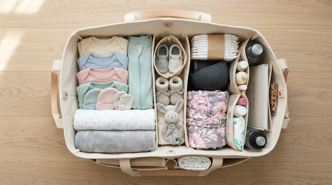 Valise de maternité ouverte contenant le trousseau de naissance de bébé