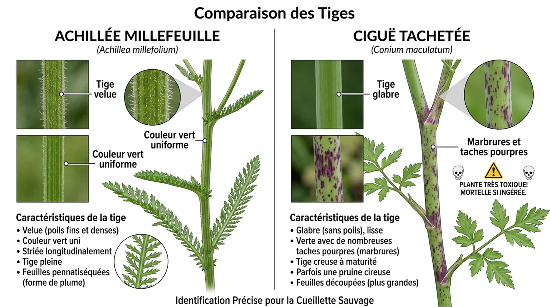 Différences entre les tiges d'achillée et de grande ciguë : poils vs taches pourpres