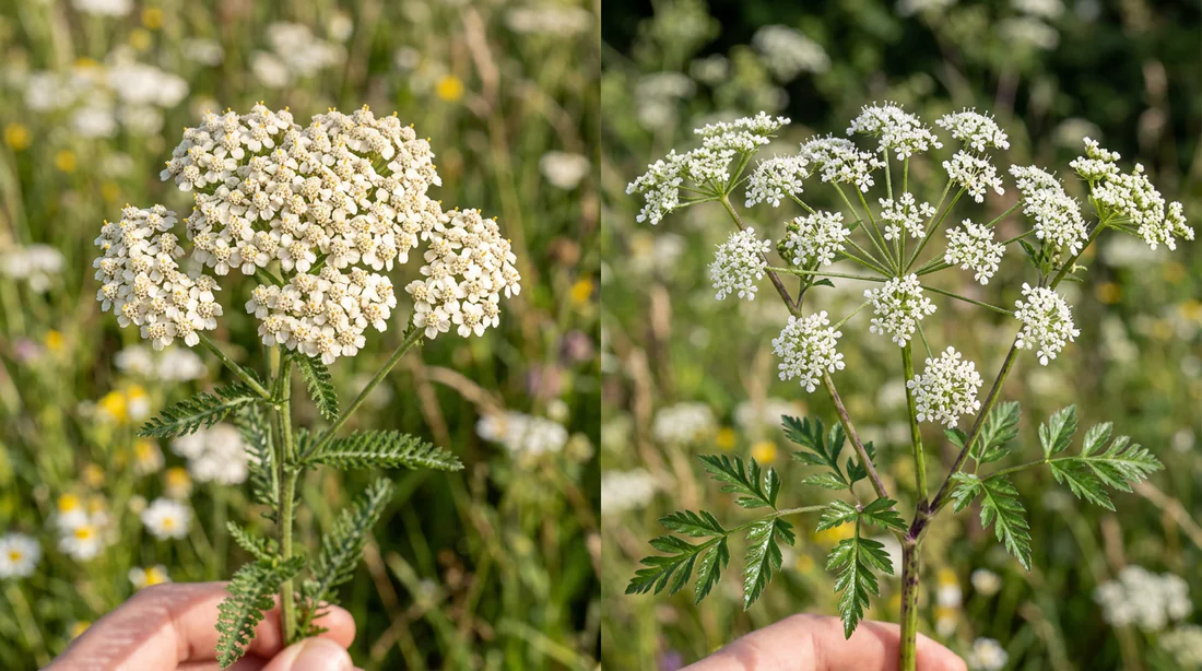 Détail des fleurs d'achillée millefeuille et de grande ciguë