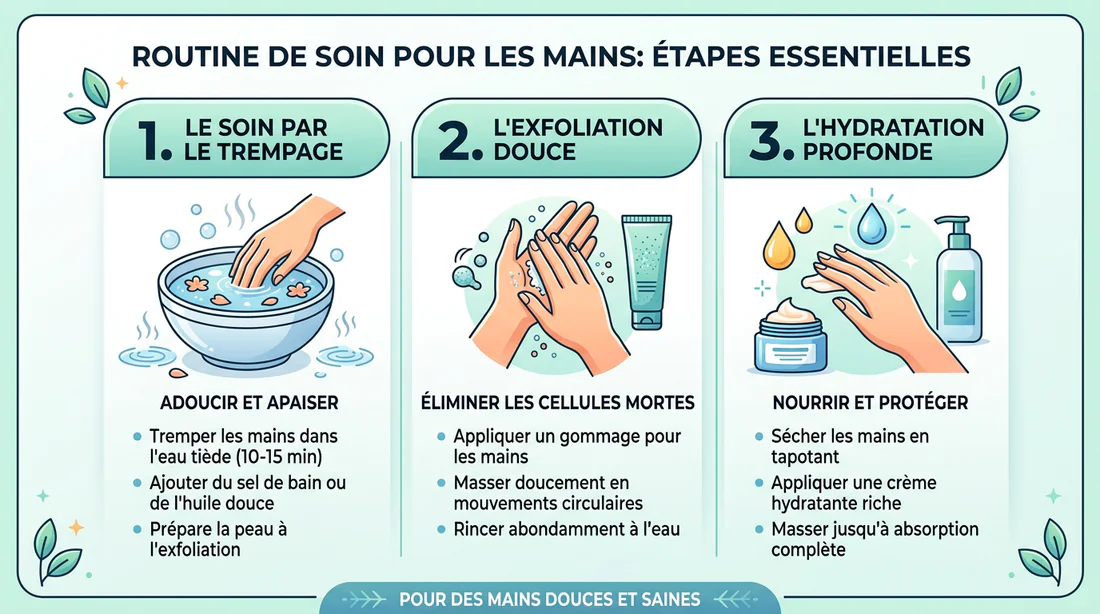 Schéma des étapes de soin pour hydrater les mains et réduire les callosités