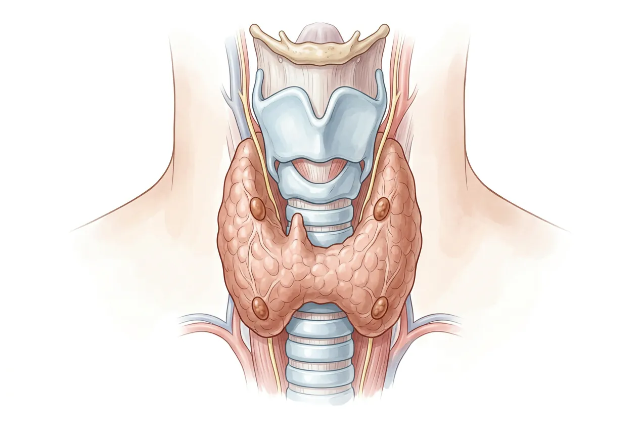Illustration anatomique de la thyroïde pour comprendre les pathologies associées et l'invalidité.