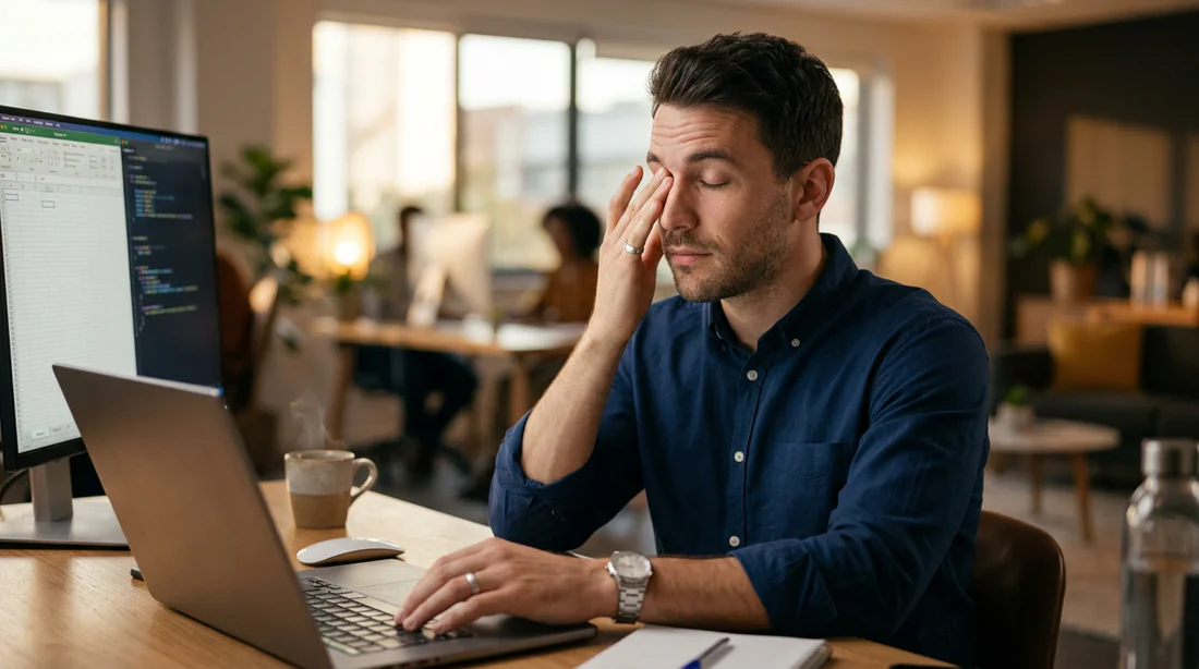 Personne souffrant de sécheresse oculaire et fatigue visuelle devant un écran.