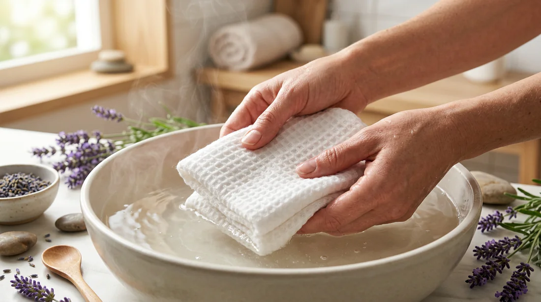 Préparation d'un linge chaud et humide pour masque oculaire.