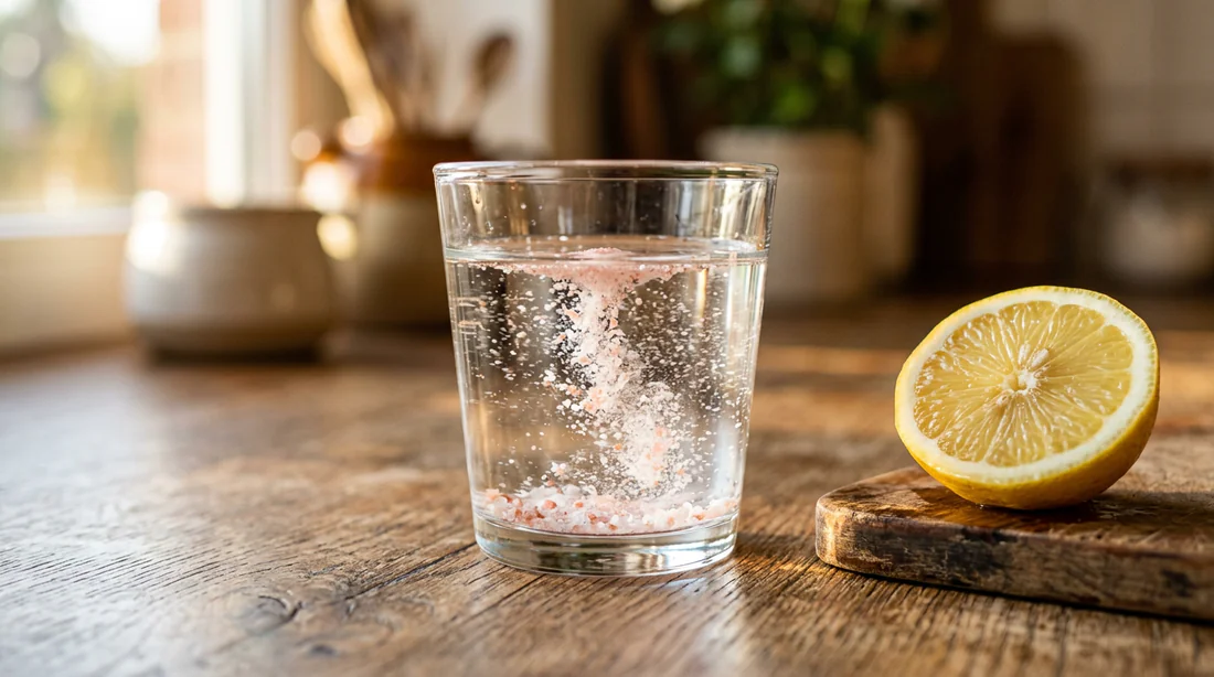 Verre d'eau citronnée au sel rose pour compenser la perte d'électrolytes en cétose